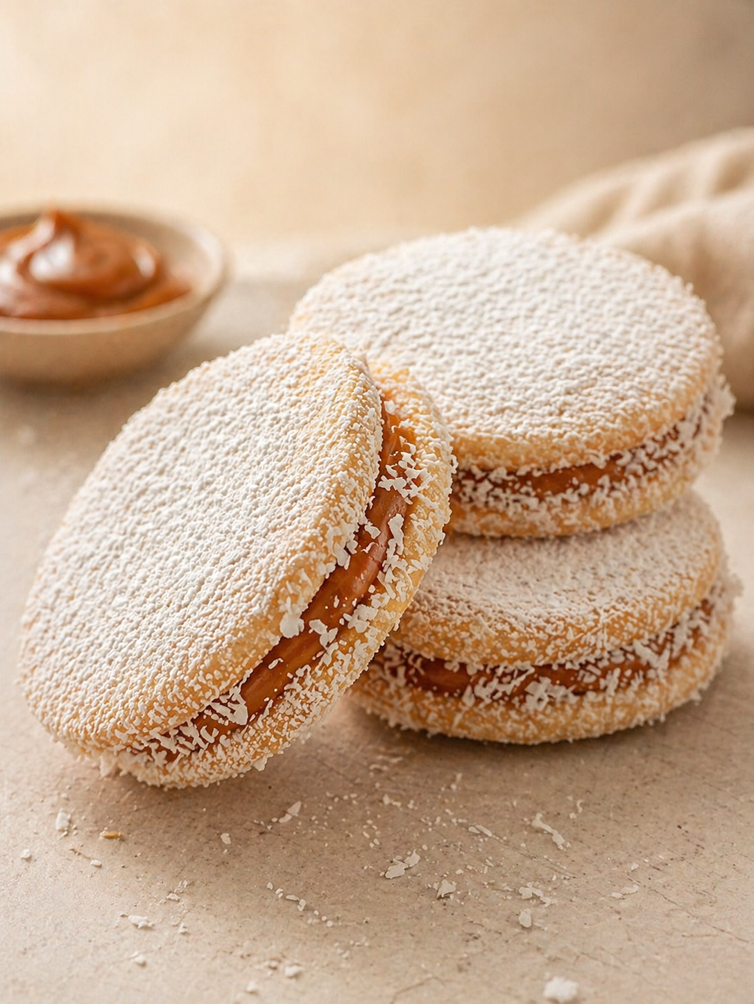Alfajores caseros con dulce de leche entre galletas de maicena