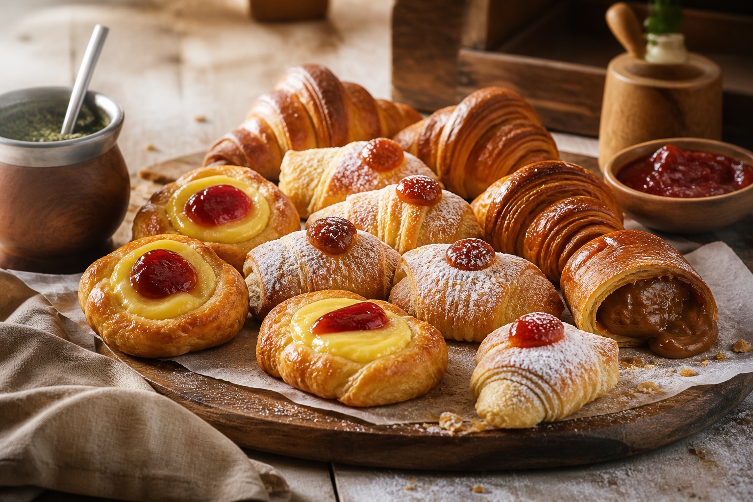 Facturas argentinas hojaldradas — desayuno artesanal crujiente y dorado